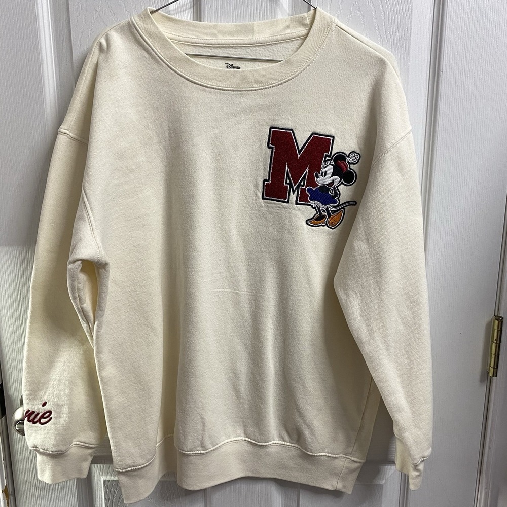 Disney Minnie Mouse Womens Ivory Fleece Lined Sweatshirt Sz. L‎ EUC